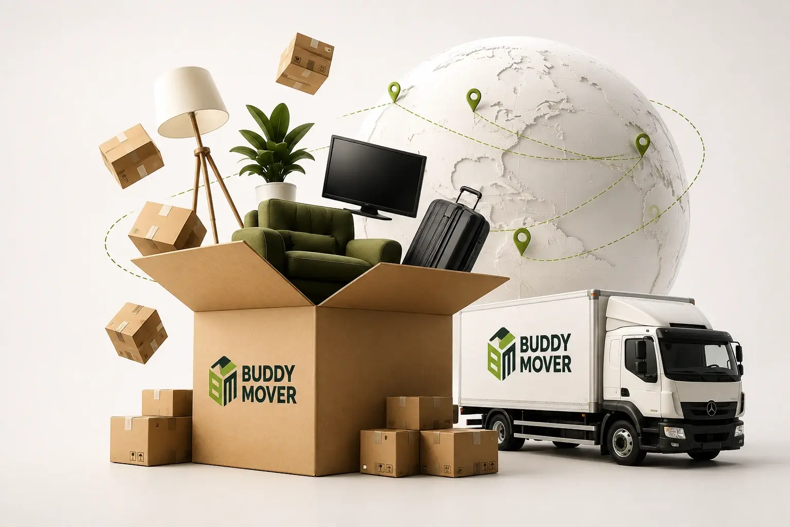 An open Buddy-Mover box with an armchair, lamp, plant and suitcase, packed cartons and a branded truck in front of a globe