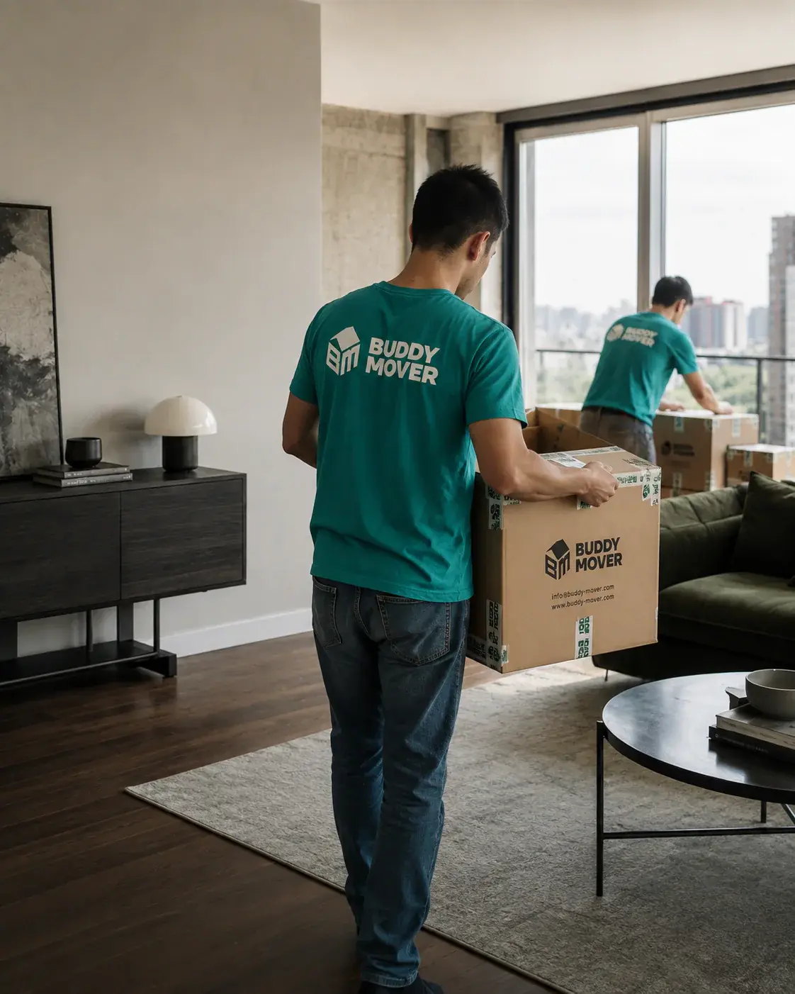 A Buddy-Mover crew carrying a sofa during an apartment move